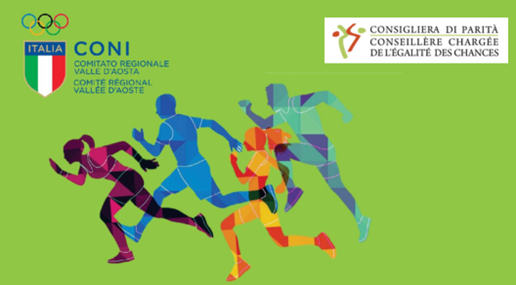 immagine con sfondo verde e la figura di sagome di atleti colorate con logo Coni e consigliera di parità