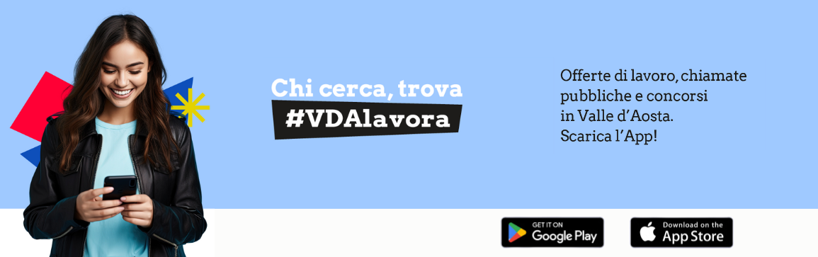 sfondo azzurro con ragazza che guarda un telefono e la scrittachi cerca trova vdalavora