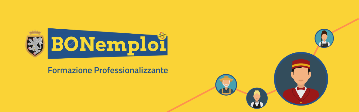 sfondo giallo, logo bon emploi, scritta "Formazione professionalizzante", lavoratori stilizzati