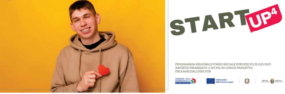 ragazzo sorridente con in mano un cuore su sfondo giallo e la scritta startup 4 con i loghi del FSE
