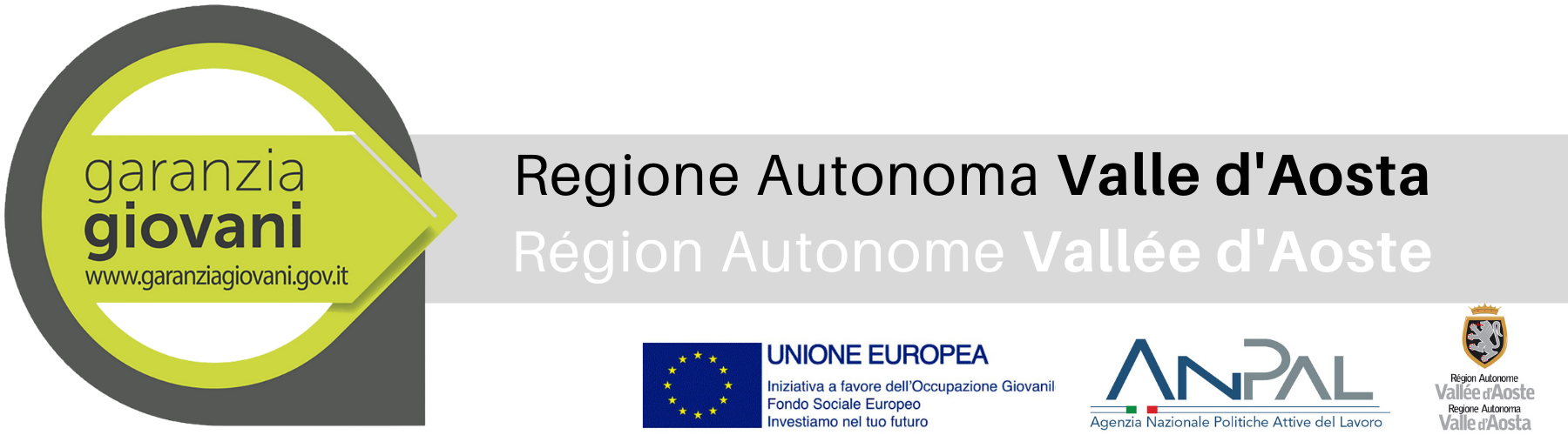 Logo di Garanzia Giovani con indicato il sito internet del programma combinato graficamente con i loghi dell'UE, di ANPAL e della Regione autonoma Valle d'Aosta