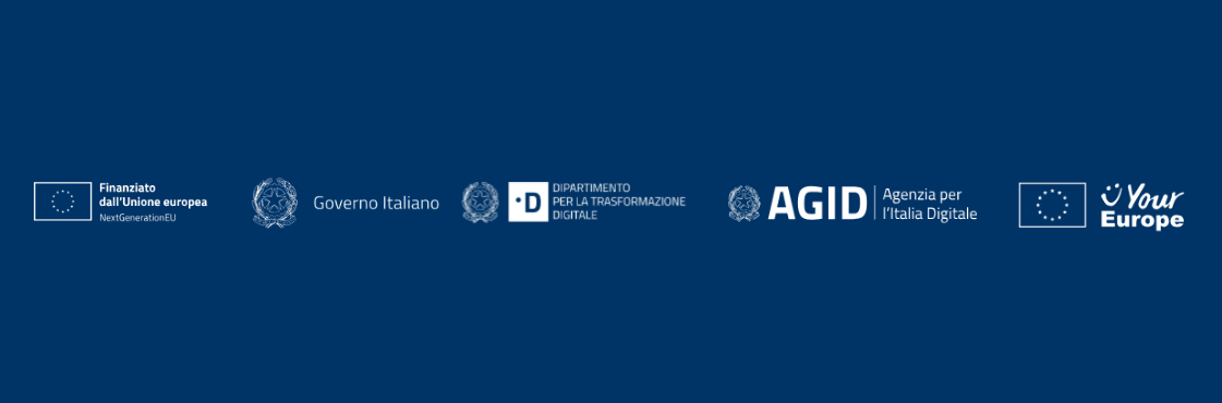 Sfondo blu con logo Ue - repubblica italiana - dipartimento per la trasformazione digitale - agid e your europe