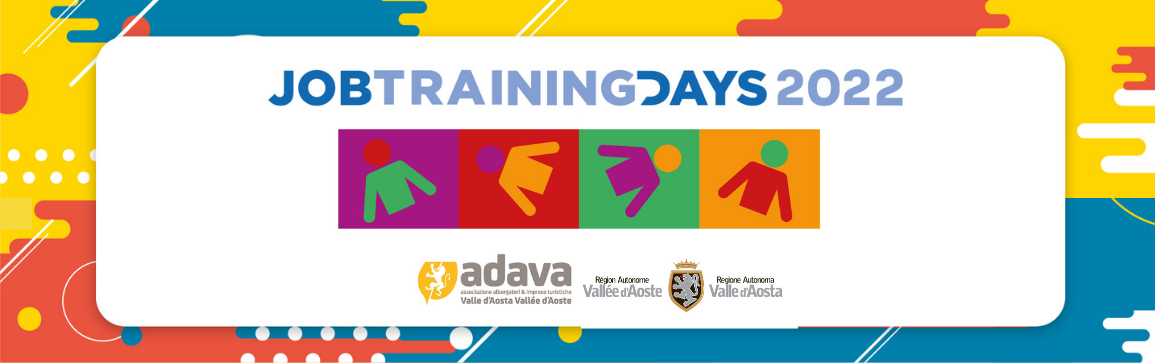banner con strisce colorate sullo sfondo e la scritta Job training days 2022 con i loghi di adava e regione vda