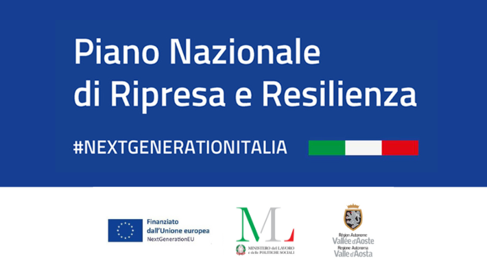sfondo blu con scritta Piano Nazionale di Ripresa e Resilienza (PNRR) con loghi UE, ministero del lavoro e della regione