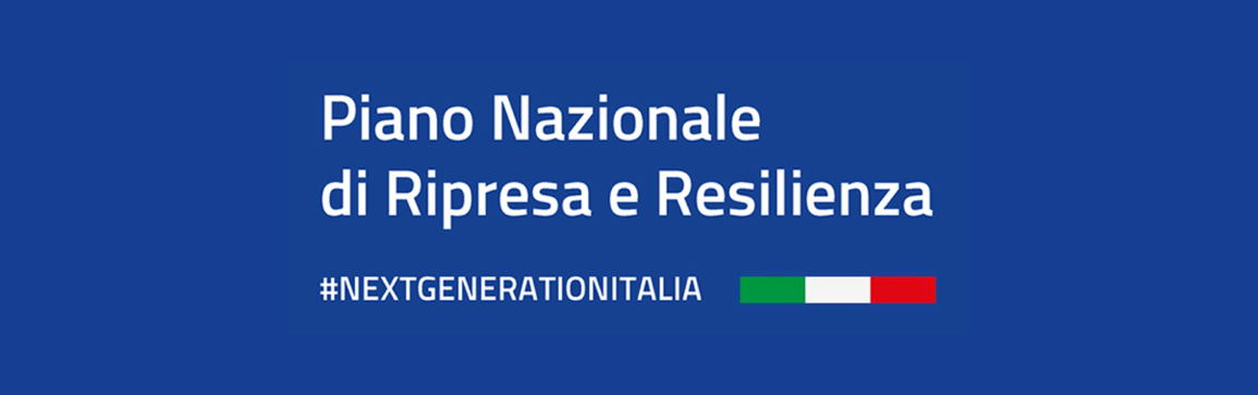 Immagine con sfondo blu e la scritta Piano Nazionale di Ripresa e Resilienza #nextgenerationitalia e la bandiera italiana