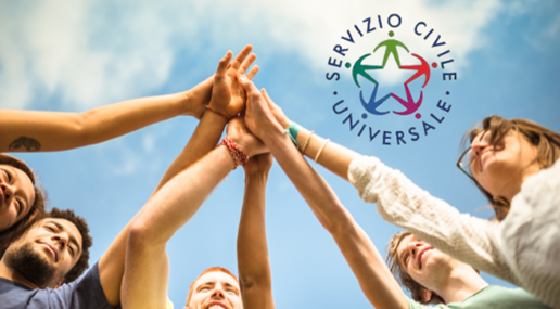 Ragazzi che uniscono le mani al cielo, logo del servizio civile universale