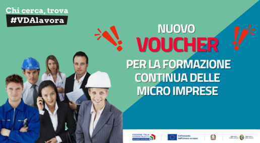 L'immagine mostra uno sfondo verde chiaro e blu scuro con testo bianco e rosso, raffigurante un gruppo di persone di diverse professioni (un operaio, un'infermiera, un dirigente, un tecnico, e altri) sorridenti, sotto il testo in rosso "NUOVO VOUCHER" e bianco "PER LA FORMAZIONE CONTINUA DELLE MICRO IMPRESE", con un hashtag "#VDAlavora" in alto a sinistra.